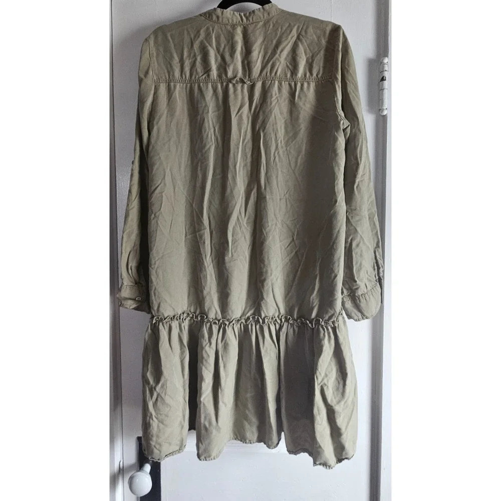 ZARA green babydoll ruffle roll tab sleeve shirt dress lyocell woman Sz M - Picture 2 of 7